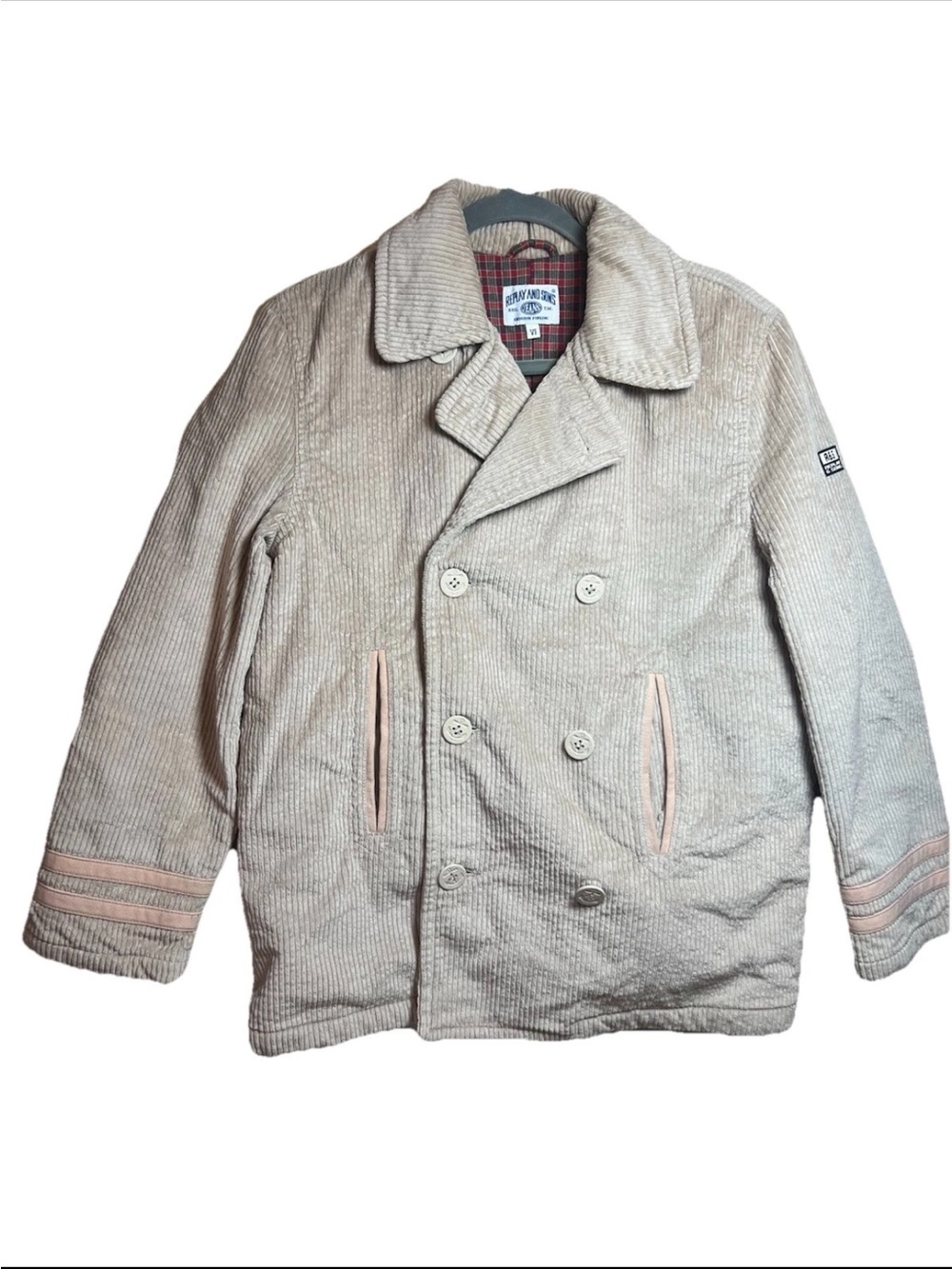 Vintage Replay And Sons Corduroy Pea Coat Beige/plaid Lining Size 6 Military